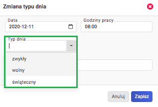 Kalendarz kadrowy - wybór typu dnia