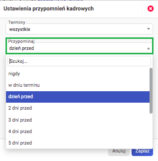 Kalendarz kadrowy- ustawienia dnia wysyłki przypomnień kadrowych