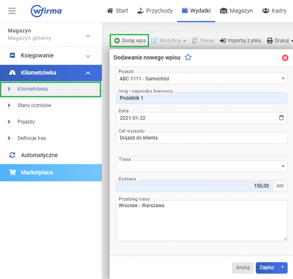 Kilometrówka KPiR - dodaj wpis