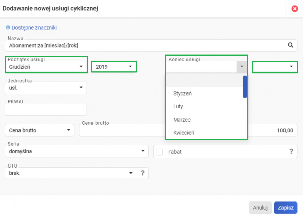 Usługi cykliczne - wybór okresu