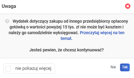 Wyksięgowanie kosztu opłaconego gotówką - komunikat w systemie