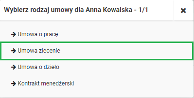 Umowa zlecenie ze stawką  w systemie wFirma.pl - wybór rodzaju umowy