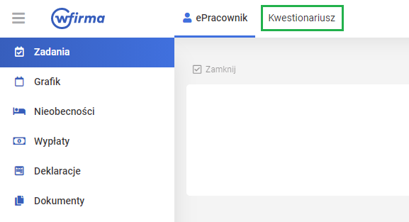 kwestionariusz osobowy - okno z wersją roboczą kwestionariusza