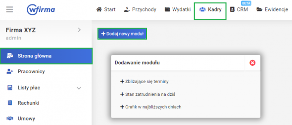 Dashboard kadrowy - dodawanie modułów 