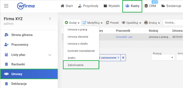 Widok udostępnionego grafiku pracowniczego a zakończenie umowy - dodawanie zakończenia