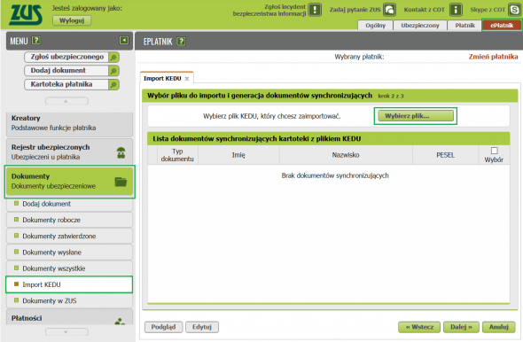 Import deklaracji do platformy ZUS