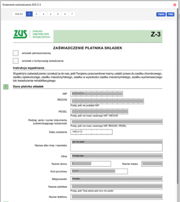 Z-3 - dane płatnika składek