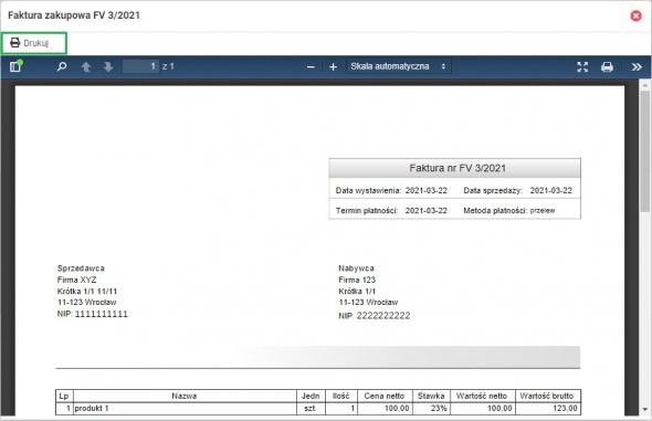 Automatyczne księgowanie faktury - drukowanie