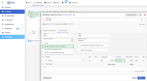 Jak wystawić fakturę zaliczkową z odwrotnym obciążeniem - dodawanie zamówienia
