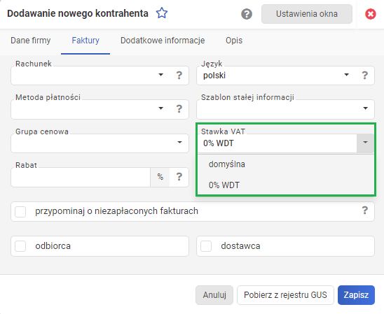 Wszystkie informacje o kontrahencie - przypisanie stawki 0%WDT