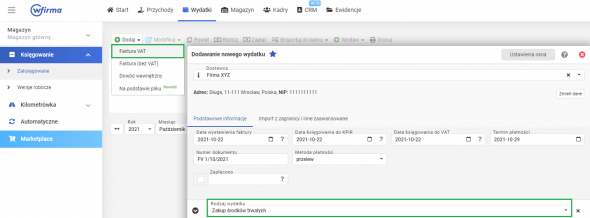 Zakup środka trwałego na podstawie faktury VAT