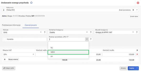 Księgowanie przychodów - rodzaj sprzedaży JPK V7