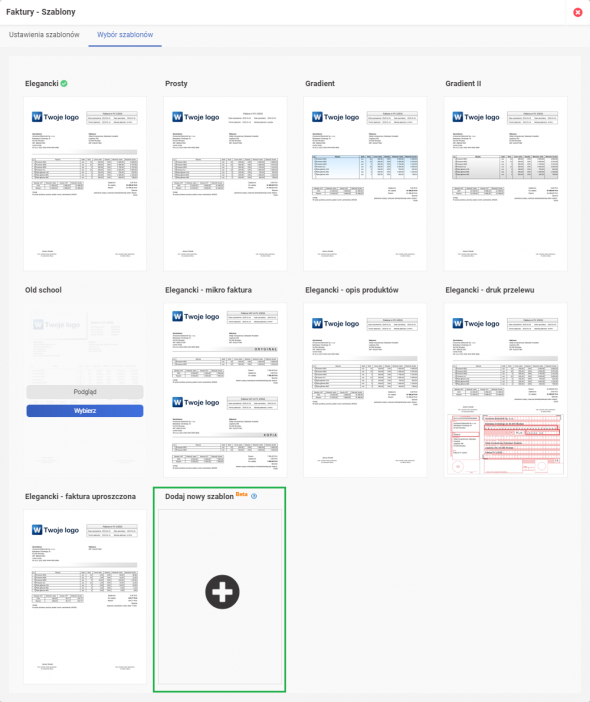 Szablony wydruków - wybór szablonów 