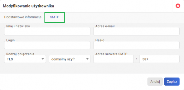 Integracja SMTP - Zakładka SMTP