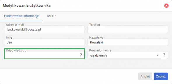 Integracja SMTP - Odpowiedź do