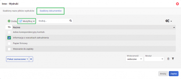Szablony dokumentów - Akcja Modyfikuj