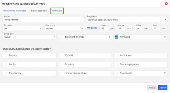 Szablony dokumentów - Opcja Formularz