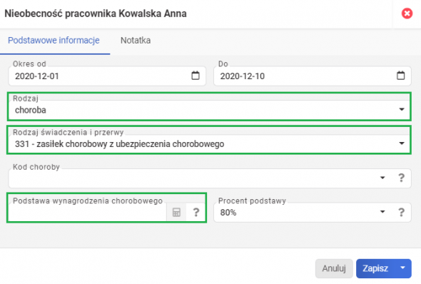 Zasiłek dla zleceniobiorcy - parametry nieobecności