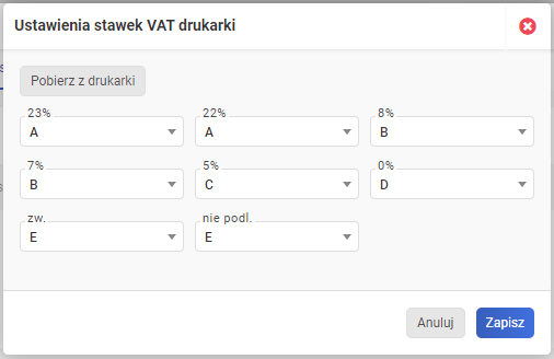 drukarka fiskalna d10 - stawki VAT