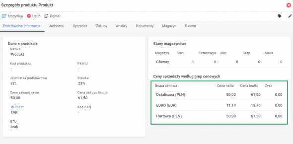 Grupy cenowe- szczegóły produktu