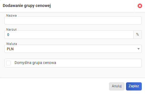 Grupy cenowe- dodawanie nowej grupy cenowej