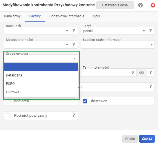 Grupy cenowe - modyfikacja kontrahenta