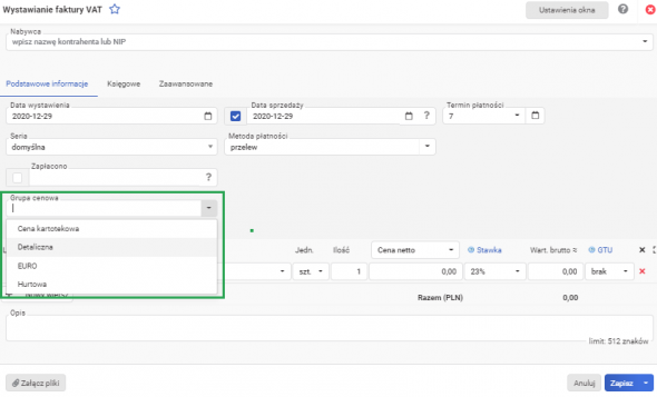 Grupy cenowe - wystawianie faktury VAT