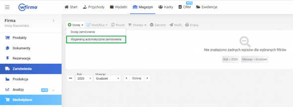 Zamówienia do dostawców - zamówienie automatyczne