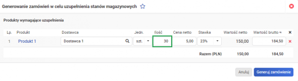 Zamówienia do dostawców -  uzupełnianie stanów magazynowych