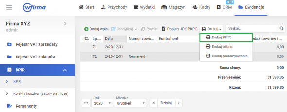 zamknięcie roku przez podatnika prowadzącego kpir - drukowanie KPIR