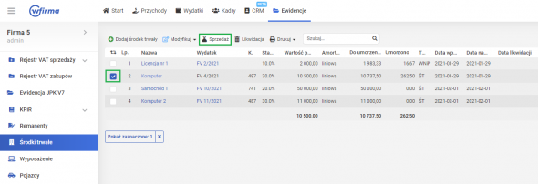 Sprzedaż środka trwałego - zakładka Ewidencje 
