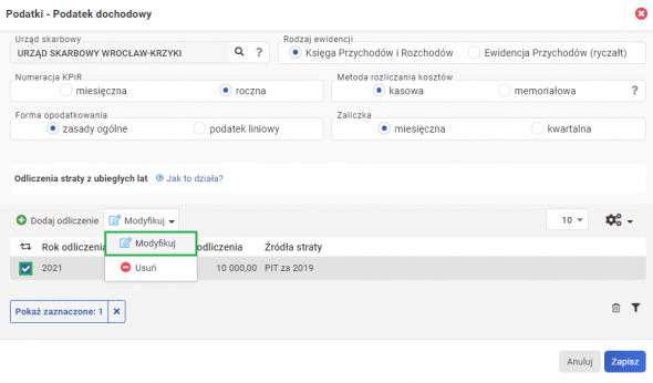 Podatek dochodowy - modyfikowanie straty