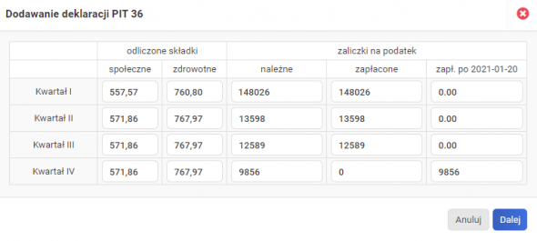 Zaliczki na podatek dochodowy - po 20