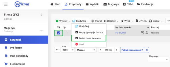 korekta danych formalnych na podstawie otrzymanej noty