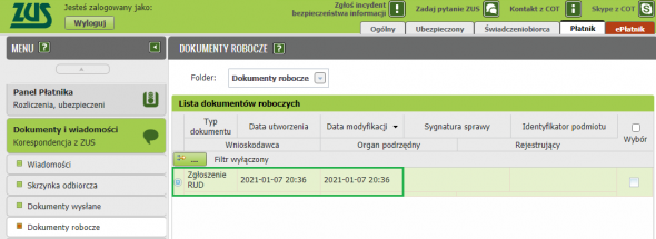 ZUS RUD - widok dokumentu w PUE