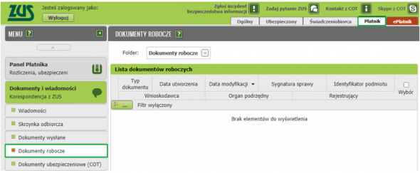 ZUS RUD - dokumenty robocze w PUE