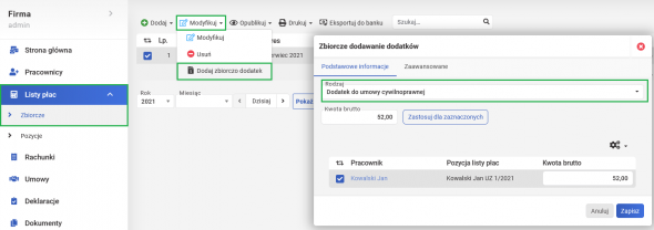 Dodatki i potrącenia dla zleceniobiorców - masowe dodatki