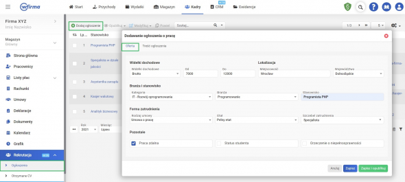 Ogłoszenia o pracę - wpisywanie podstawowych danych w ofercie