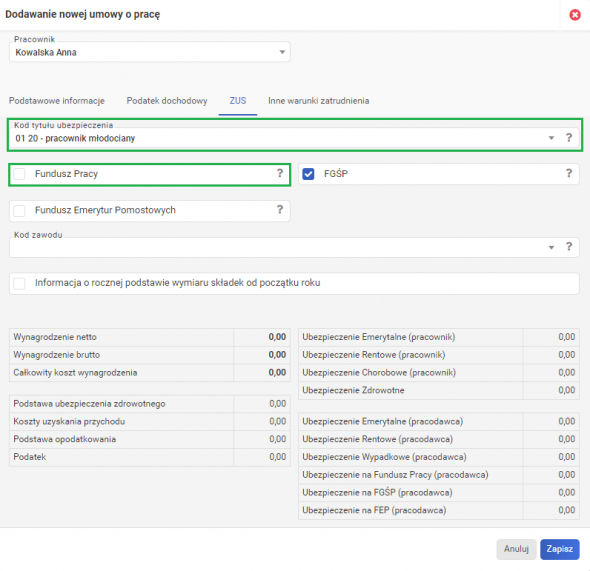 Pracownik młodociany rozliczany w systemie wFirma.pl - kod tytułu ubezpieczenia