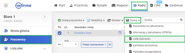 wprowadzanie dnia wolnego lista obecności