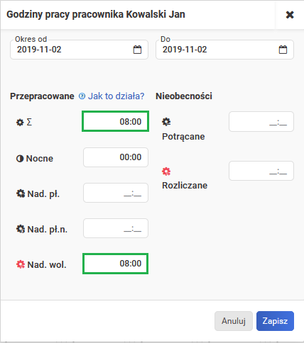 Wyznaczenie dnia wolnego - liczba przepracowanych godzin