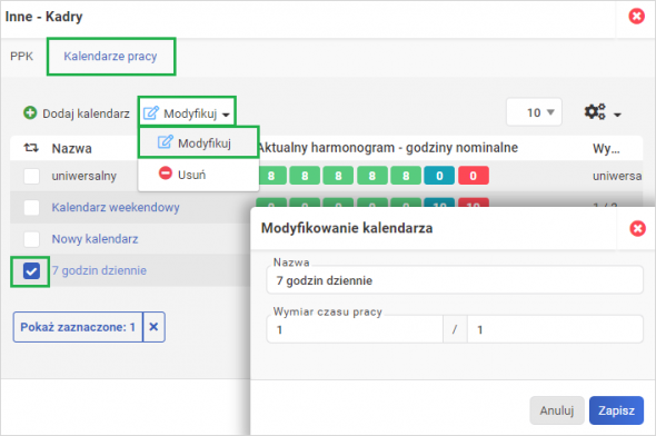 Nowy kalendarz na grafiku pracownika- modyfikuj