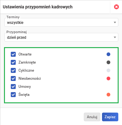  Raport o zbliżających się terminach - ustawienia