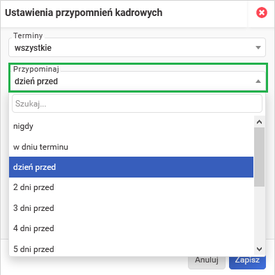  Raport o zbliżających się terminach - dzień wysyłki powiadomień