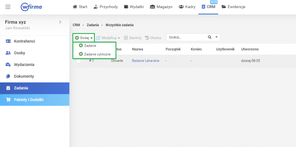 Zadania w panelu ePracownik - zadania CRM
