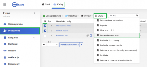 Drukowanie ewidencji czasu pracy dla wielu pracowników