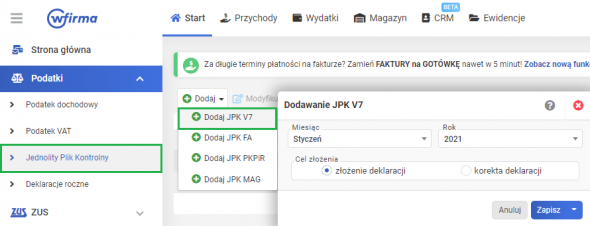 Zwrot podatku VAT - dodawanie JPK V7