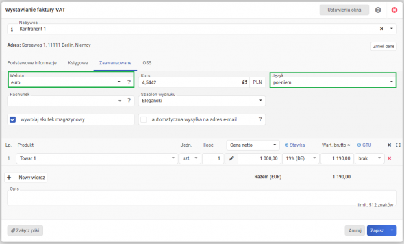 Faktura OSS - zmiana języka i waluty faktury