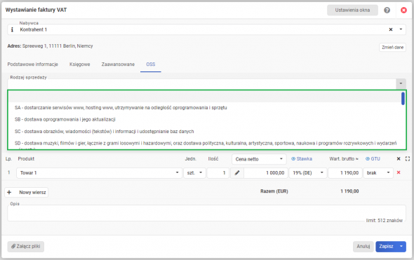 Faktura OSS - wybór rodzaju sprzedaży