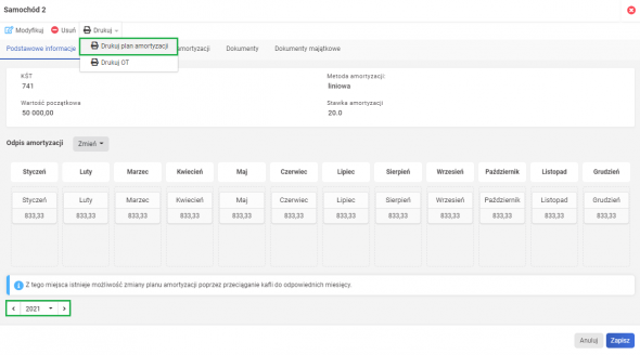 Amortyzacja środków trwałych - opcja drukuj